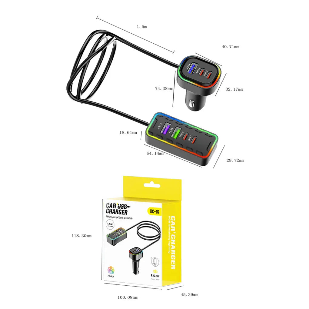 Car USB charger with dimensions and packaging on a white background