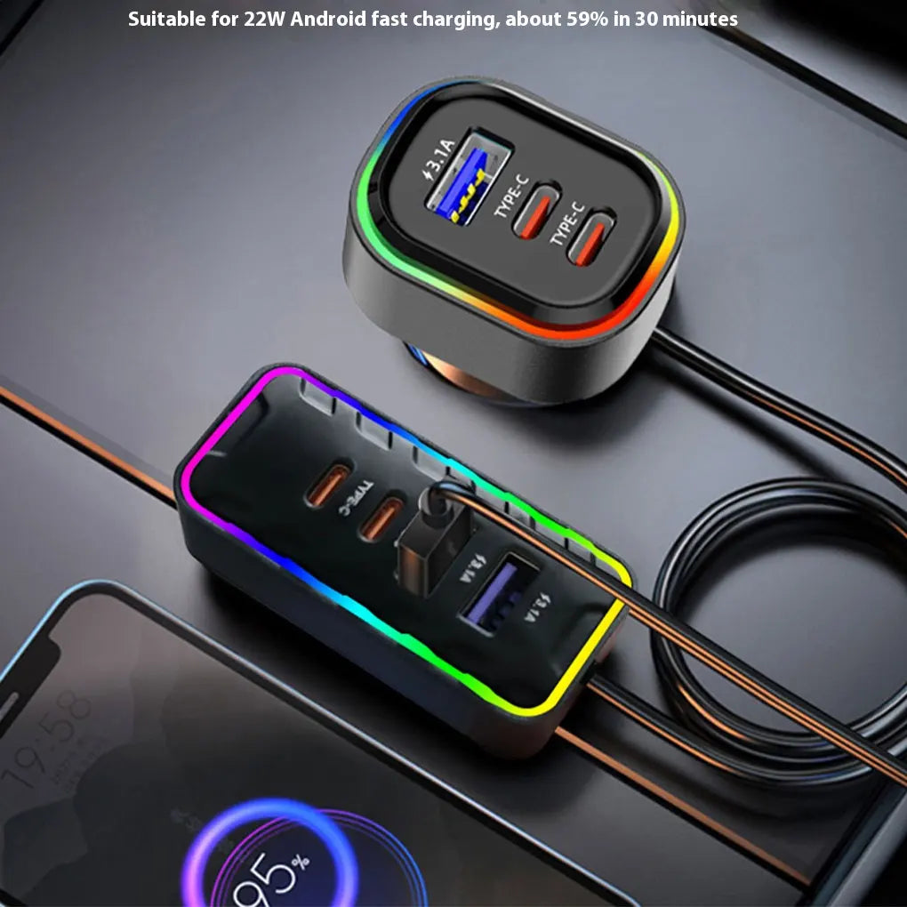 Multifunctional charging hub with colorful LED indicators on a dark surface.