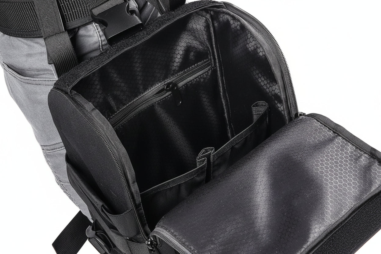 Black tactical backpack with multiple compartments and visible branding on a white background