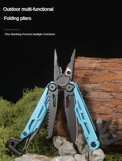 Multi-functional folding pliers with blue handle on a natural background