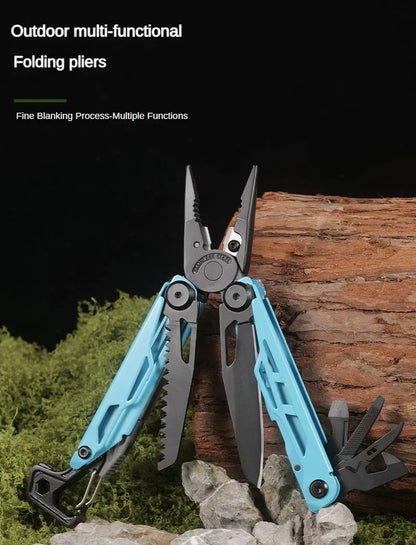 Multi-functional folding pliers with blue handle on a natural background