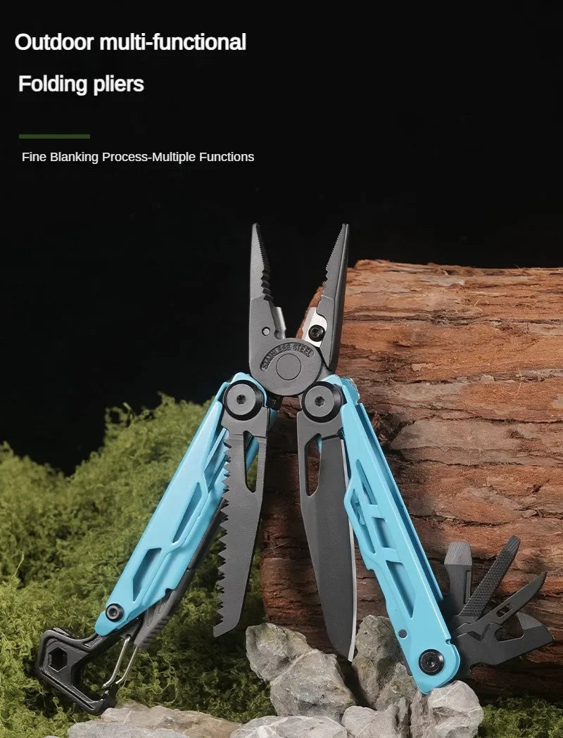 Multi-functional folding pliers with blue handle on a natural background