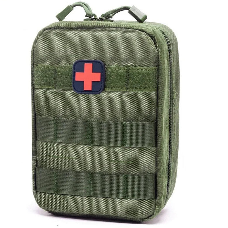 Green tactical medical pouch with a red cross emblem on a white background