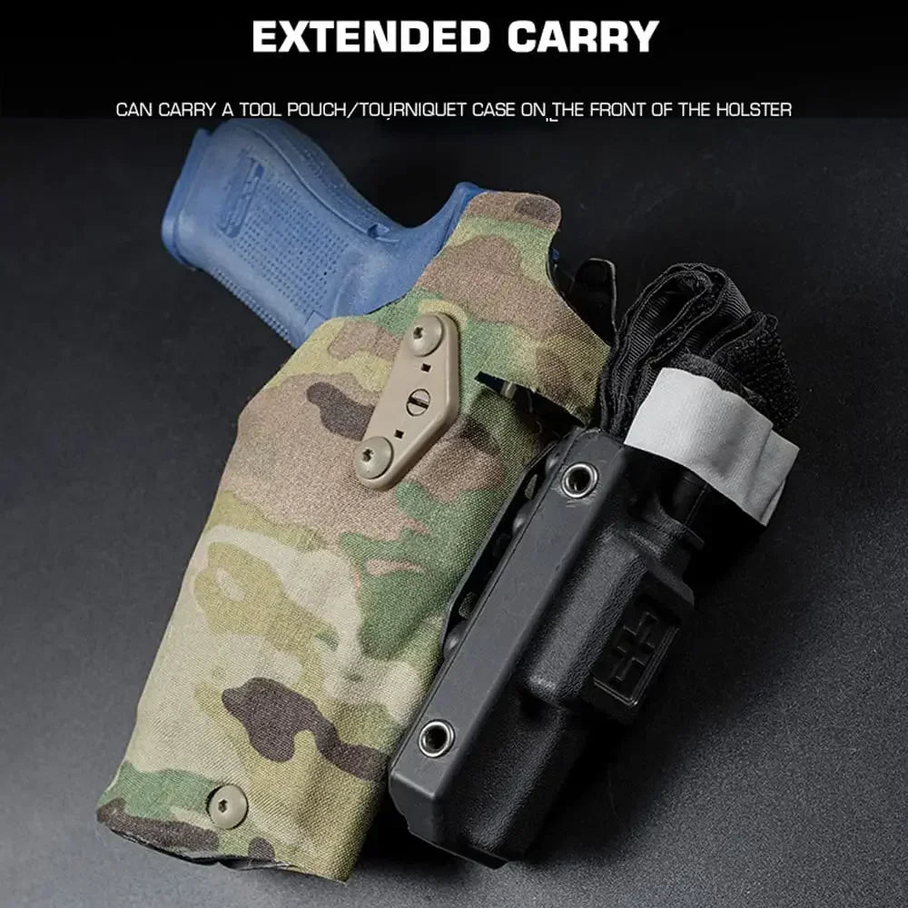 Camouflage holster with a tool pouch and tourniquet case on a dark background
