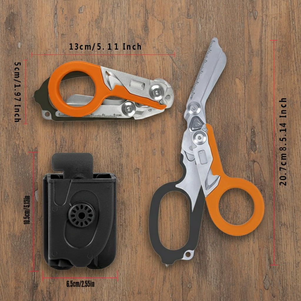 Multitool with orange handles and measurements on a white background