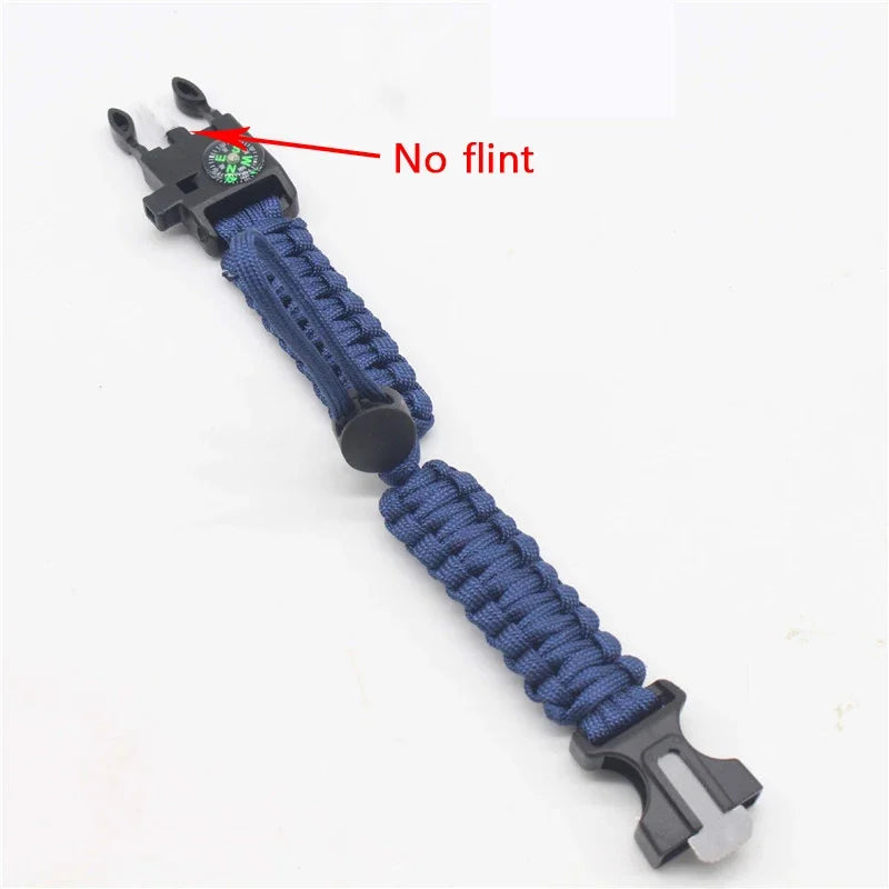 Blue paracord tool with a black clip on a white background, labeled 'No flint'.