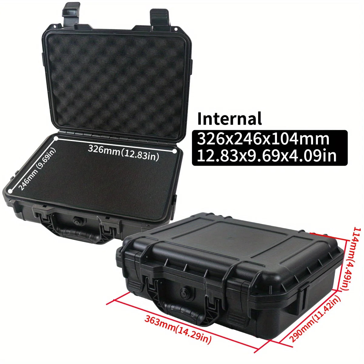 Black protective case with open lid showing internal dimensions on a white background