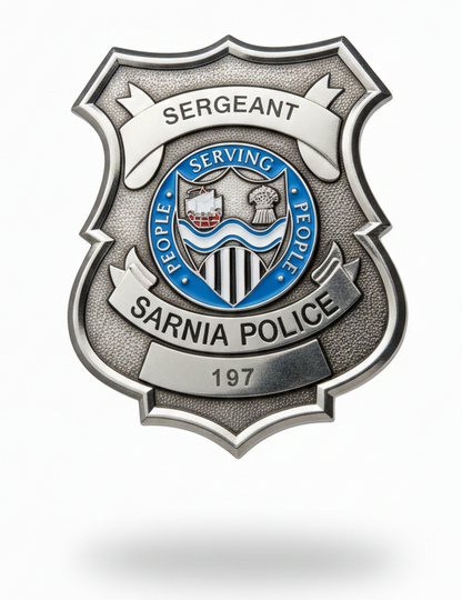 Sarnia Police badge with 'Sergeant' and 'Serving the People' text on a white background