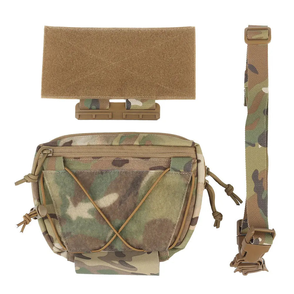 Camouflage bag with a strap and additional pouches on a white background
