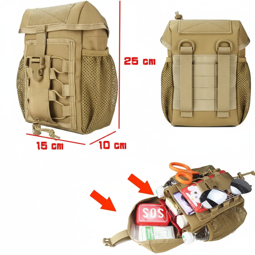 Tactical backpack with compartments and tools, labeled 'Style 08'.