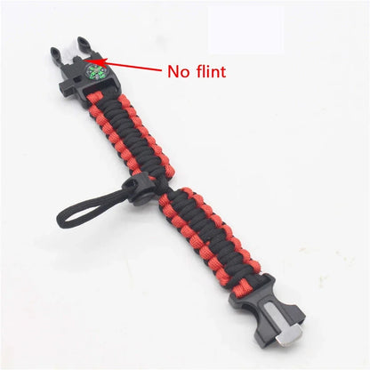 Paracord bracelet with red and black pattern on a white background, labeled 'No flint'.