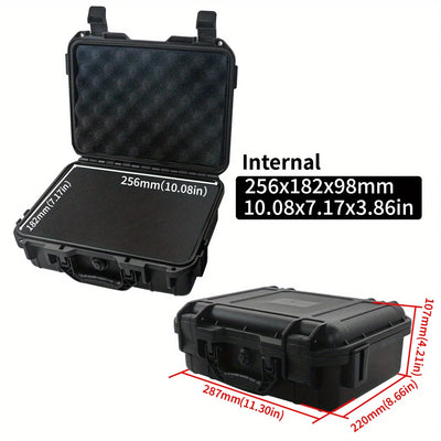 Black hard-shell protective case with open lid showing dimensions on a white background