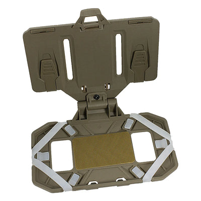 An olive drab tactical mounting bracket shown open, featuring a textured gold adhesive pad on the lower plate and white strap fasteners, isolated on a white background.