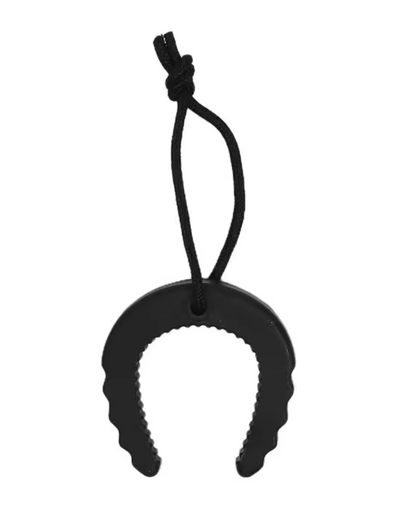Black silicone lip balm holder with a rope on a white background