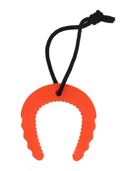 Orange plastic tool with a black cord on a white background