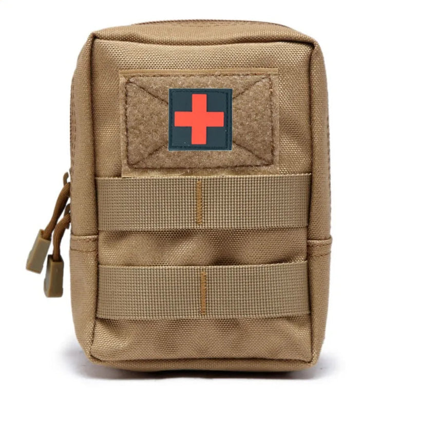Tan tactical pouch with a red cross patch on a white background