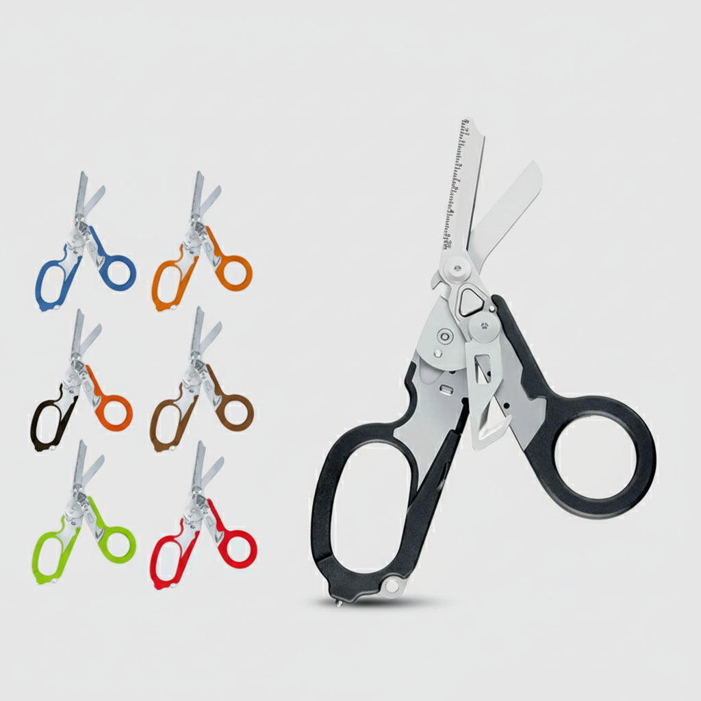 Multi-functional emergency response scissor with color options on a white background
