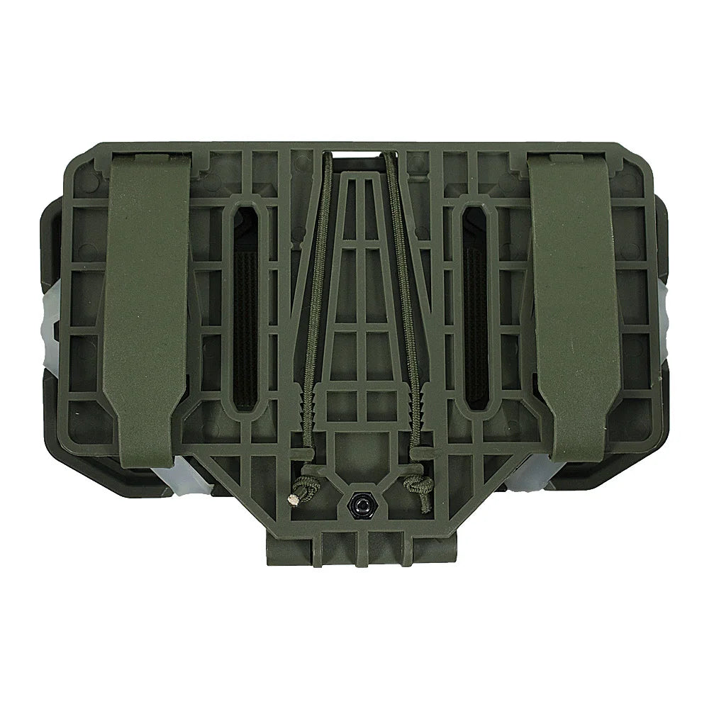 An olive green tactical plastic accessory cover or case lid with a grid-like vented design and two vertical strap-like sections, shown on a plain white background.