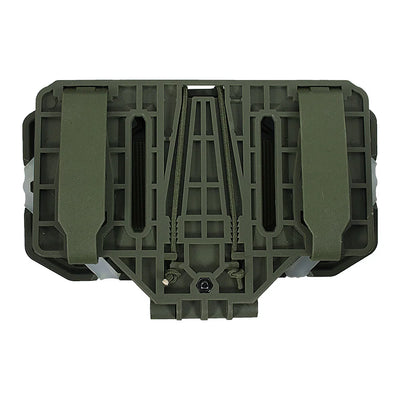 An olive green tactical plastic accessory cover or case lid with a grid-like vented design and two vertical strap-like sections, shown on a plain white background.