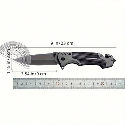 Folding knife with measurements on a white background