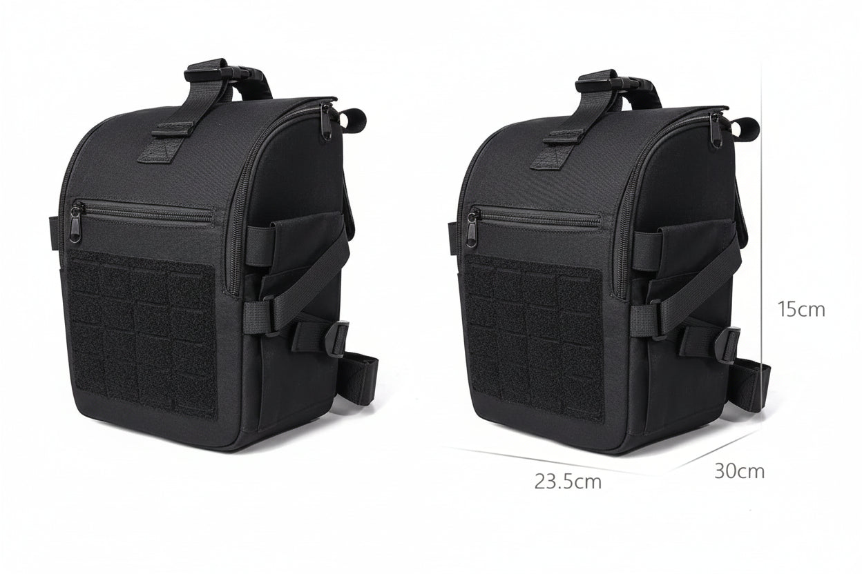 Black backpack with measurement details on a white background
