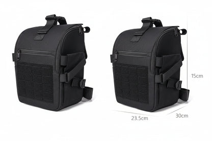 Black backpack with measurement details on a white background
