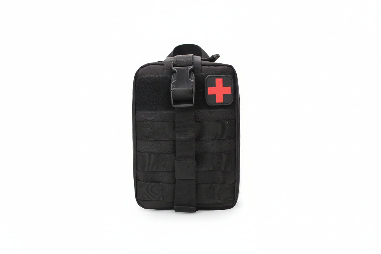 Black tactical pouch with a red cross on a white background