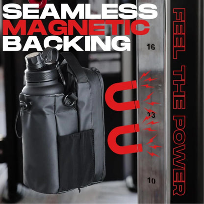 Black bag with water bottle on a magnetic strip, emphasizing 'Seamless Magnetic Backing' feature.