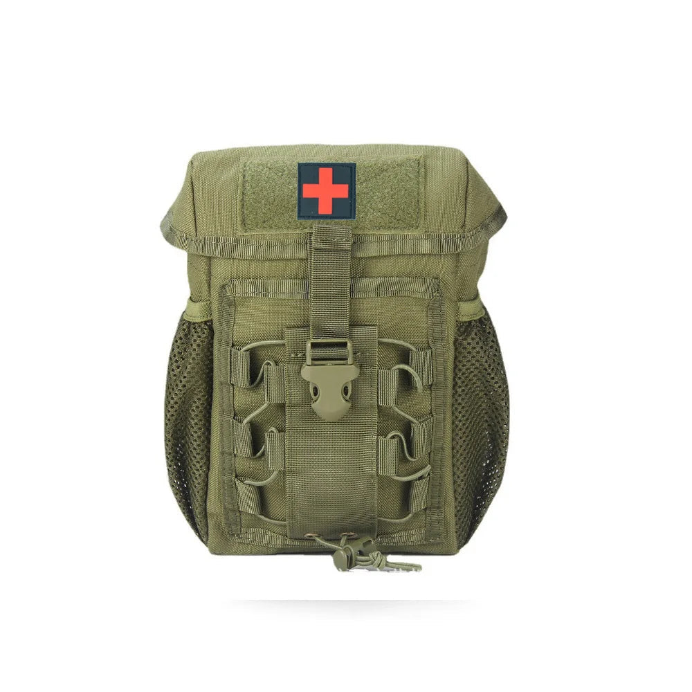 Olive green tactical医疗包 with a red cross emblem on a white background