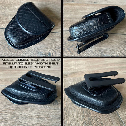 Black Molle compatible belt clip on a wooden surface with text describing its features.