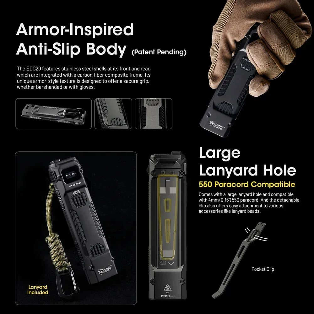 Tactical device with armor-inspired design, large lanyard hole, and pocket clip on a black background.