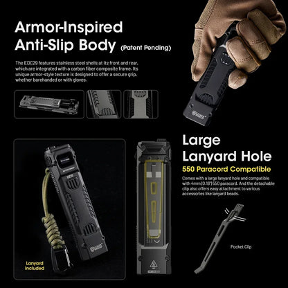 Tactical device with armor-inspired design, large lanyard hole, and pocket clip on a black background.