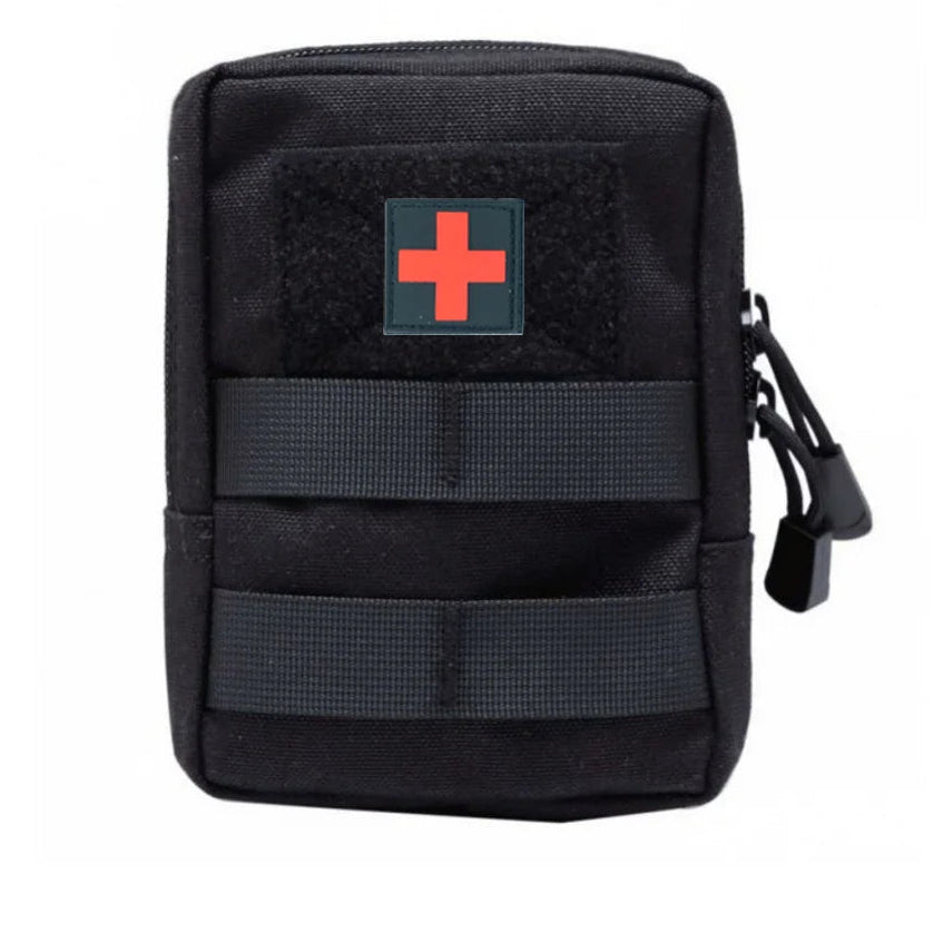 Black tactical pouch with a red cross on a white background