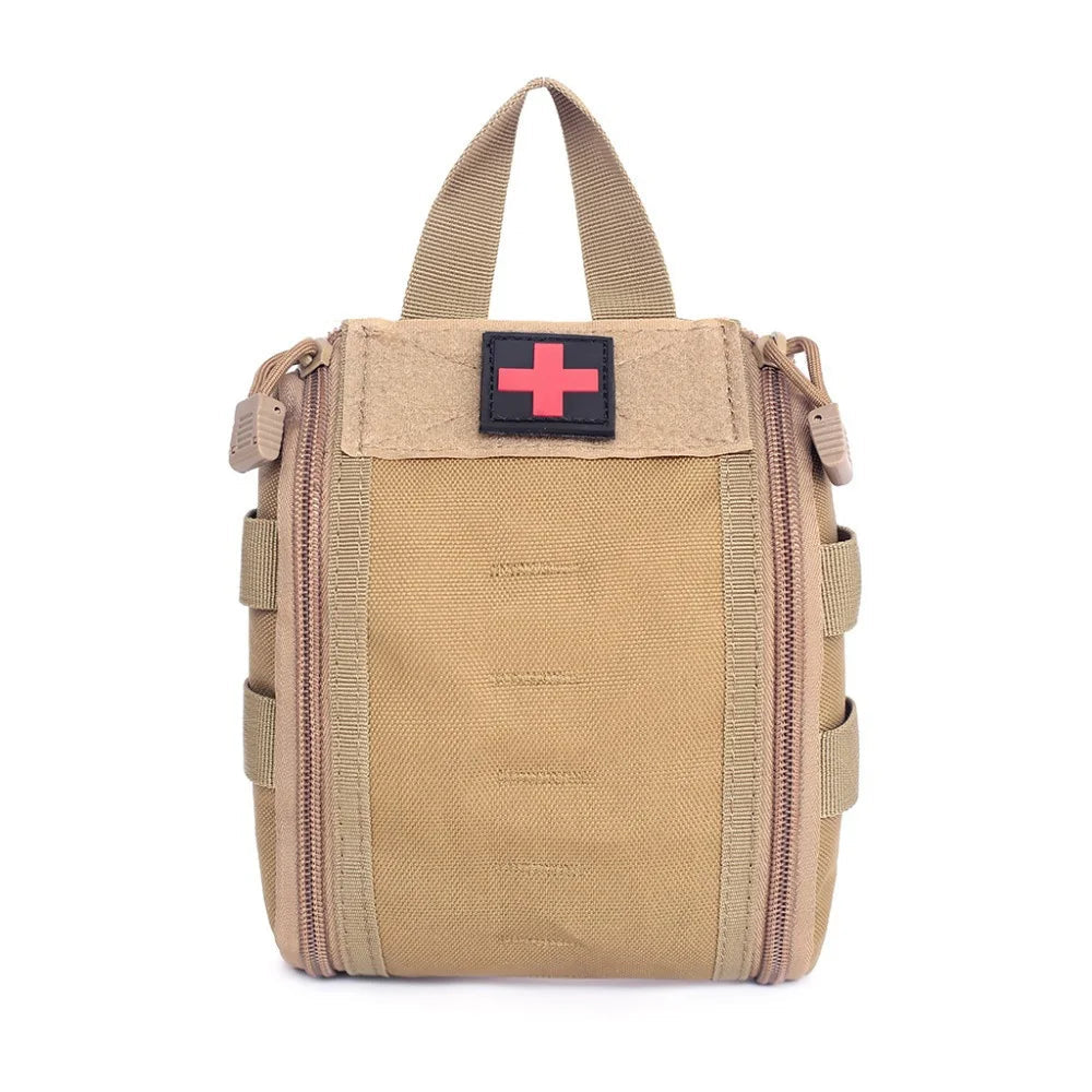 Beige tactical pouch with a red cross patch on a white background