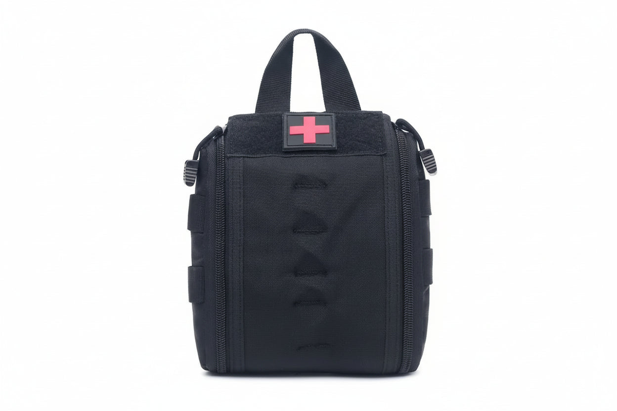 Black tactical pouch with a red cross patch on a white background