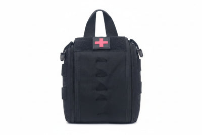 Black tactical pouch with a red cross patch on a white background