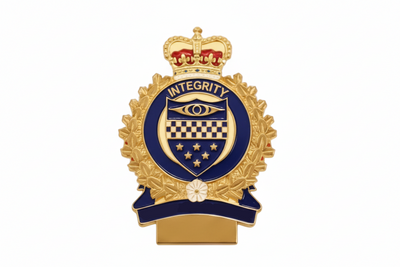 Surrey Police Service badge with gold and blue design on a white background