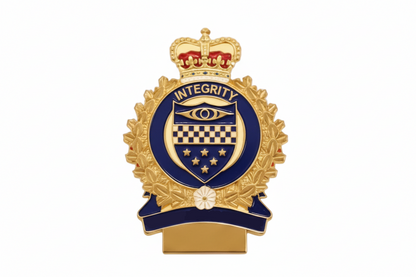 Surrey Police Service badge with gold and blue design on a white background