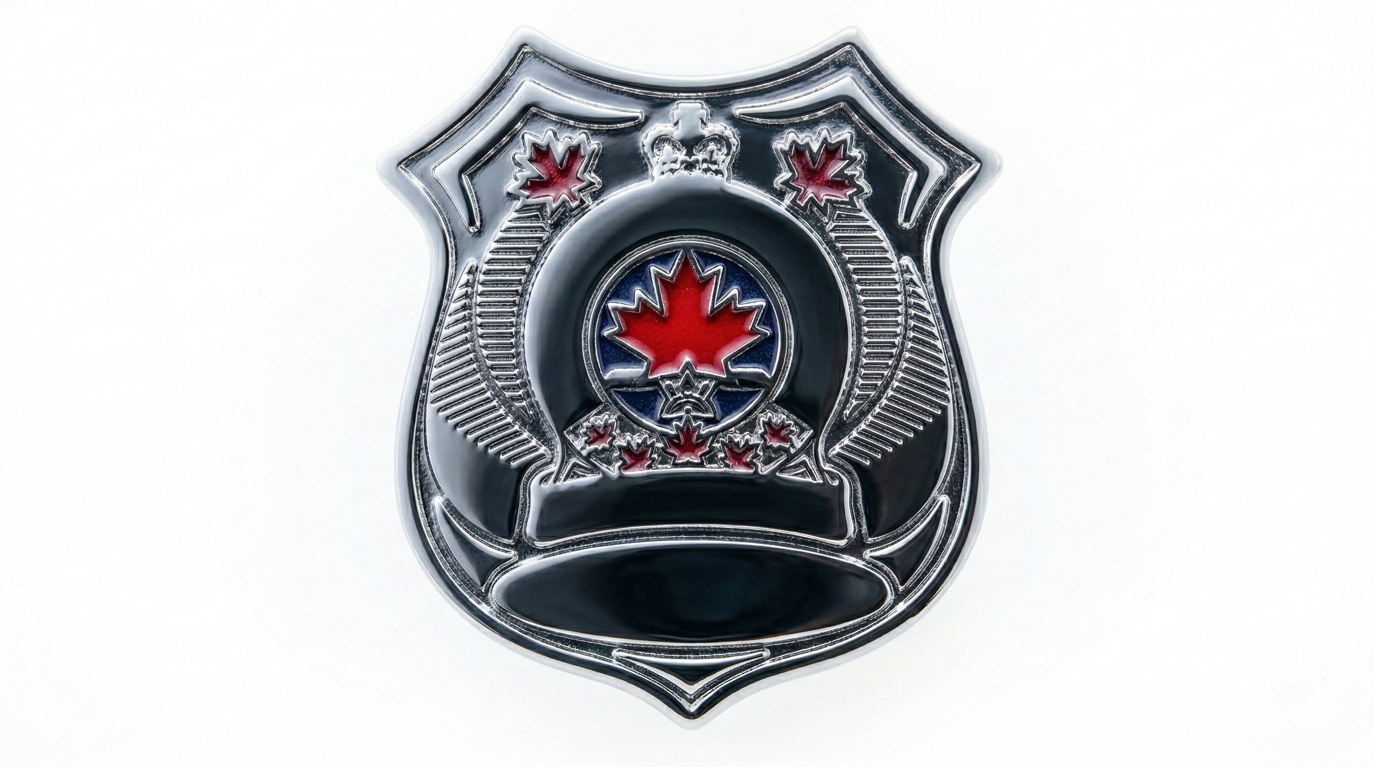 Metallic badge with a red maple leaf emblem on a white background