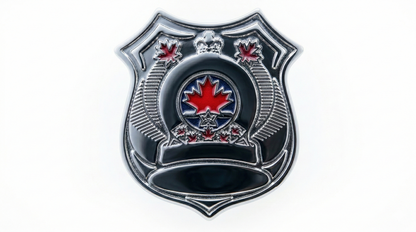 Metallic badge with a red maple leaf emblem on a white background