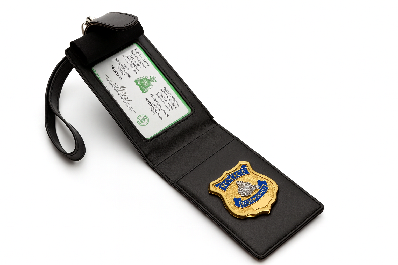 Black leather wallet with a police badge emblem on a white background