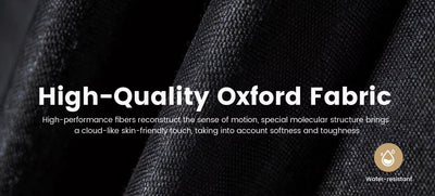 High-quality Oxford fabric with text describing its properties on a black background