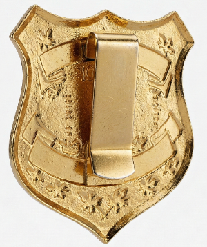 Gold badge-shaped money clip on a white background