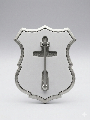 Metallic badge with a central emblem on a white background