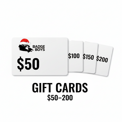 Badge Boys gift cards with different denominations on a white background
