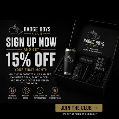 Advertisement for Badge Boys Club with promotional text and product display on a black background