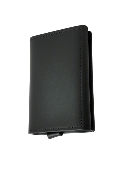 Black leather wallet on a gray background