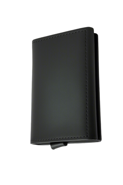 Black leather wallet on a gray background