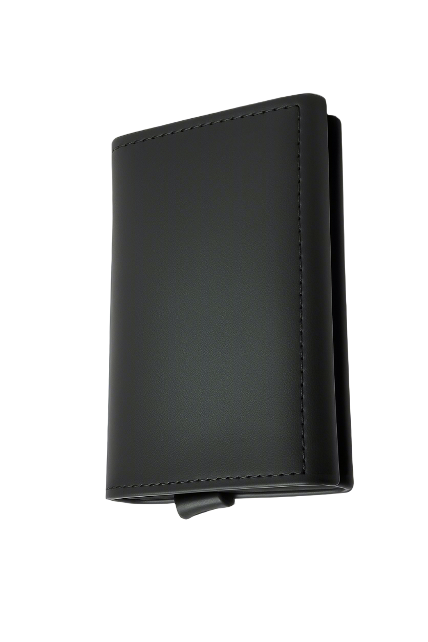 Black leather wallet on a gray background