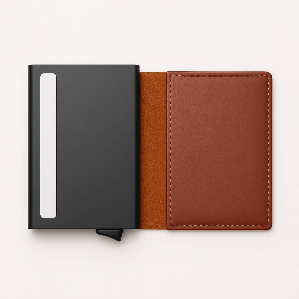 Black and brown leather wallet on a white background